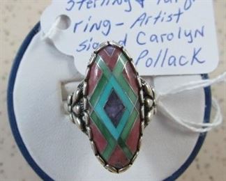 Navajo Sterling & Turquoise Ring - Artist Signed Carolyn Pollack