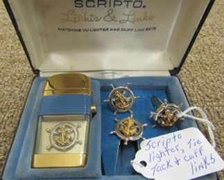 Scripto Lighter - Tie Tack - Cuff Links w/Ships Wheels & Anchor