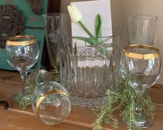 Beautiful Gold Rim Etched Glassware, Ice Bucket