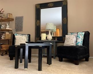 Armless Chairs, Enhanced Stackable Table, Oversized Wall Mirror, a Great Collection of Pillows, Blue Slate Painted End Table