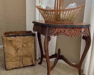 Vintage Inlaid Table, Bark Basket, Assorted Vintage/Antique Bottles