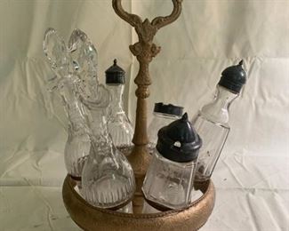 CF-117- $25  Vintage Cruet Condiment Set with Etched Crystal Bottles
