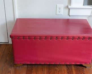 1940's or earlier red leather covered pine chest. Toy chest size.