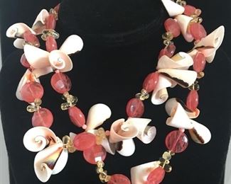Gerard Yosca clip on earrings and fabulous rose quartz and shells necklace with gecko clasps
