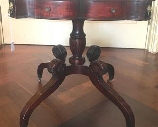 Antique mahogany square embossed leather top pedestal table with drawer and lion brass detail