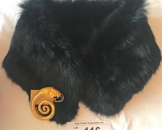 Dyed rabbit black fur collar and Jaded heavy lion pin