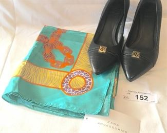 Tory Burch leather pointed toe pumps and ZARA silk scarf