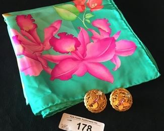 Philippe Ferrandis butterfly clip on earrings and Leonard, Paris silk tropical themed scarf