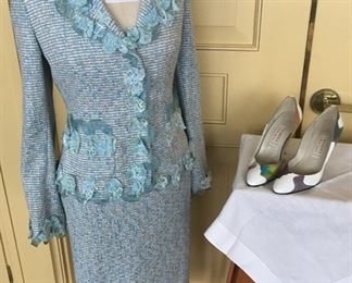 Albert Nipon skirt suit (new with tags), Casadei leather iridescent pumps, pearl necklace and clip on pearl and rhinestone earrings 
