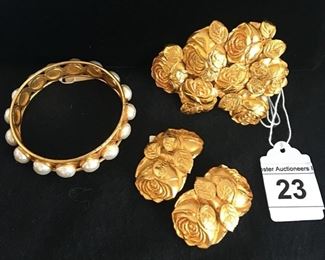  Dominique Aurientis set- baroque pearl bangles, rose clip on earrings and rose pin