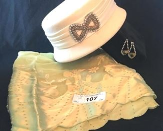 Vintage hat with rhinestone bow and satin ribbon, Echo silk and rayon shawl and rhinestone pierced earrings with apple green colored stone heart