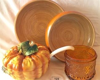 Ceramic pumpkin soup tureen with ladle, two large wooden orange salad bowls and amber glass leaf decorated tall bowl/planter 