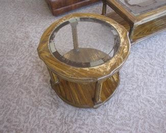 Round glass top, wood end table 2' diameter