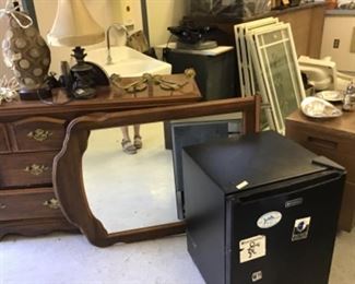 Dresser with mirror, dorm refrigerator, lamps