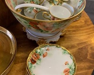 Victorian poppies with gold trim punch bowl and luncheon set
