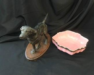Cast Iron Dog and Pink Dish