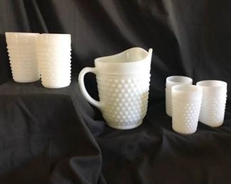 Milk Glass Pitcher and 6 Glasses