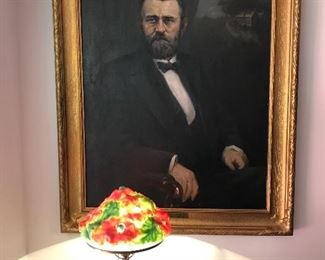 An original sitting portrait of Ulysses S. Grant that was most likely from a State or Governmental building.  We will post inscription on the back of this canvas, as well.   President Grant is keeping a watchful eye on the Pairpoint Puffy lamp and Mary Gregory Water Set.