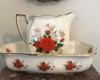 Queenswear Antique Pitcher & Bowl from England.  Rare rectangular shape and beautiful hand-painted florals.
