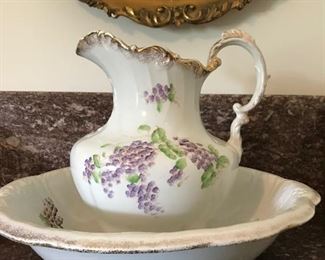 This Hand-painted Lilac pitcher & Bowl is ironstone and is in perfect condition.  Note the two matching pieces in next photos.  