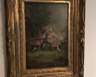 Another elaborate 19th Century Frame holds a playful Oil Painting of early 18th Century youths enjoying the countryside.