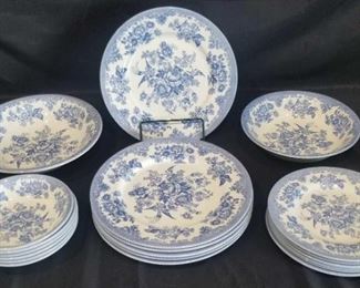 Royal Stafford Dinnerware	
Blue Flowers and Birds Design, Made in Burslem, England, Microwave and Dishwasher safe, Set of 6 Dinner Plates, 6 Salad Plates, ^ Bowls, 2 Serving Dishes. No chips or cracks