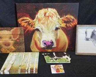 Adorable Cows and More	
Canvas Cow Picture 20' x 24", Wood Framed Cow 12" x 12", Ceramic Made in Italy Cow and Baby Hanging 11" x 7", 4' x 4" Watercolor Cow Tile, Christmas Pig on Wood 11"x 14.5", 12"x12" Aspen Canvas