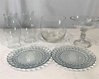 Various Glassware	
2 Glass Plates that appear to be Anchor Hocking Bubble Bullseye, 1 Large Etched Glass Bowl (w/ 2 chips), 2 Glass Lantern Tops, 1 Glass Candy Bowl