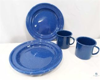 Blue enamel ware	
4 11" dinner plates and 2 large mugs. Great for camping