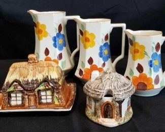 Vintage ERA Pottery British Pitcher Set, Prince Bros Cottage ware and More	
3- 1940's ERA Pottery Pitchers 7", 6.6" and 5.5" tall, 1930's Prince Bros Cottage Ware Butter Dish with Lid (Chip on Bottom of Lid) Made in Devon, England Cottage Sugar Bowl with Lid