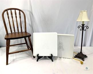 Antique Children's Items	
Small Wooden Children's Chair, New In Box Boy's Baby Book, Small Antiqued Lamp (Powers On)