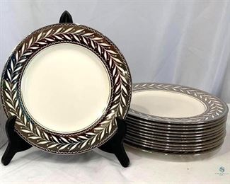Johnson Brothers Pareek Plates	
Set of 12 Dinner Plates, Silver and Vine Rimmed. Gloss cracking or finish rubs on all, with carrying bag