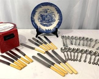Wedgewood Bowl and Joseph Rodgers & Sons Knives	
5 Used Unknown Maker Butter Knives, 9 Joseph Rodgers & Sons Knives, Assorted Community and Oneida Stainless Steel Silverware, Wedgewood Decorative Bowl with small chip, Mediterranean Accents Stock Pot