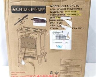 ChimneyFree Heater	
ChimneyFree brand infrared stove heater. Model: CFI-470-12-02. Bronze finish. New in box. Box has damaged and has been opened to verify contents.