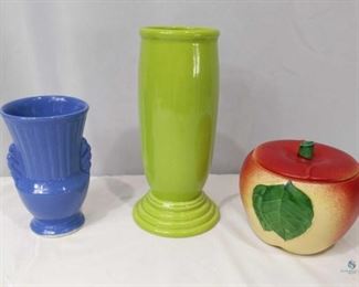 Vases and little apple jar	
Lime Green FIESTAWARE flower vase, small blue vase has a small chip on the rim and apple jar with lid