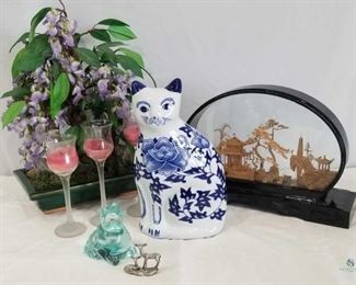 Chinese Cork Diorama and Orchid Tree Decor, Delft Cat and more	
Diorama Approx. 9" x 13", Orchid Tree Decor, Large Delft Ceramic Painted Cat, Glass Cat Figurine, Pewter Deer and 3 Votive holders