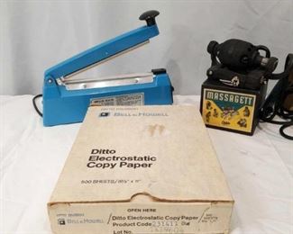 Personal Massager	
OSTER personal massager, Ditto Electrostatic copy paper and an Impulse sealer, untested.