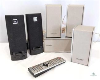 Speakers	
Lot includes 4 Panasonic sound system speakers, 1 Panasonic DVD System remote (EUR7623X60), and pair of JBL computer speakers. All untested.