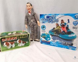 Old and New Toys	
New in box - H2O Go Snow triple tube , and PeeWee Herman Doll - voicebox broken, and a DANNY the St. Bernard! - In the original box, condition unknown