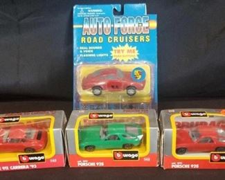 Bburago 1:43 Die-Cast Porsche Cars and more	
New in Original boxes, 3 Bburago Porsches and 1 Battery Operated Porsche Car Toy with Sounds and Lights, untested