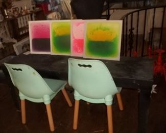metal bench and child chairs