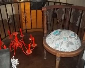 vintage chair and two painted chandeliers