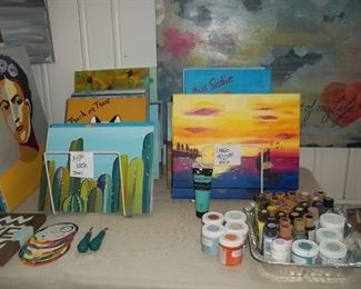 art supplies and paintings
