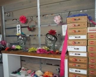 hand crafted boutique hair supplies and cigar box storage containers - also gallery display on wheels