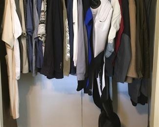 Various men's clothing and jackets including SeaQuest integrated BCD, top-tier Apollo drysuit, O'Neill shorty wetsuit, Helly Hansen foul-weather/cold-weather paddling/kayak jacket and pants, Patagonia ski jacket, Columbia ski pants, etc.