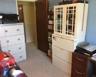 All 3 filing cabinets in photo are letter/legal with locks. The two lateral ones are heavy-duty, and the 2-drawer is business-grade. The gray one has some tape residue that should come off fairly easy with Goo Gone. // HP large-format duplex printer and scanner (sold)