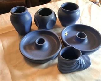 6 pieces of Niloak Blue planter/vase/shoe & candlesticks
