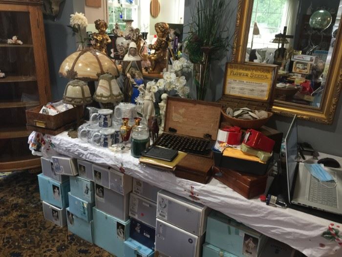 Antique Seed Boxes, Lamps, etc