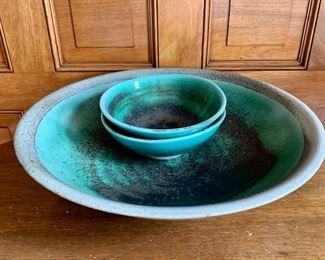 Item 8:  Fabulous Studio Pottery! Large bowl/platter with two smaller bowls- green/black glaze:   Set - $145                                          Large bowl - 14.5"                                                                                                        Small bowls - 6.75" 