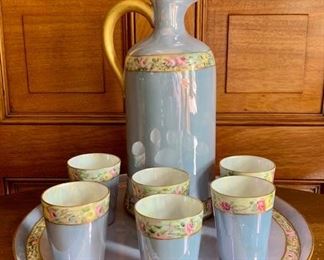 Item 9:  1920s La Seynie Limoges P and P France Decanter Set - delicately hand painted paired with powder blue glaze: $195